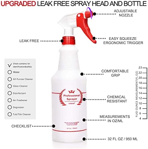 Uineko Empty Spray Bottles, Heavy Duty Sprayer, Mist & Stream, 4 Pack 32 Oz