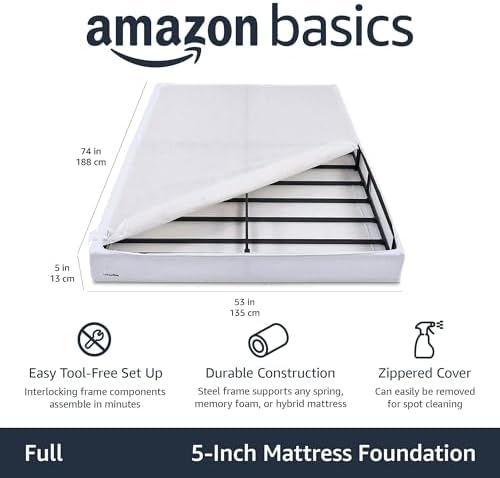 Amazon Basics Smart Box Spring Bed Base, 5-Inch Height Mattress Foundation, Tool-Free Easy Assembly, Metal Support, Full, 74" x 53"