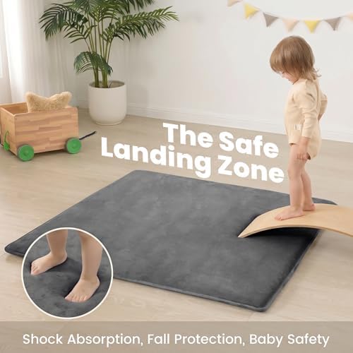 Huloo Sleep Baby Play Mat for Floor,1.3" Thick Elasti-Foam 50"×50" Playpen Mat for Tummy Time,Non-Toxic Certified Water Repellent Soft Coral Velvet for Toddler,Infant,Kids,Non-Slip Backing Safe for Crawling(Dark Grey)