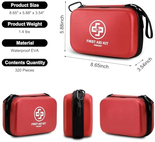 VRIEXSD Premium 320-Piece First Aid Kit, Waterproof EVA Hard Shell Case,Red