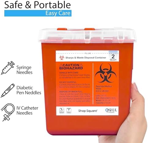 Sharps Container, Sharps Containers for Home Use, Needle Disposal Containers, Sharps Disposal Container, Biohazard Containers, Small Sharps Container - 2 Quart