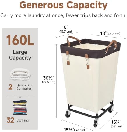 StorageWorks 160L Laundry Basket with Wheels, Rolling Hampers for Clothing