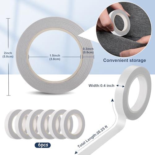 6 Rolls Double Sided Tape for Crafts, Strong Double-Sided Tape, Artist Tape, Double-Sided Adhesive Tape for Arts, Card Making, Scrapbooking Supplies, Gift Wrapping (0.4 in X 26.25Ft)