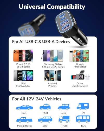USB C Car Charger, 4-Port 90W Type C Super Fast Cigarette Lighter Adapter