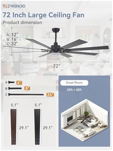 ZMISHIBO 72" Ceiling Fans with Lights for Patio, Living Room, Remote