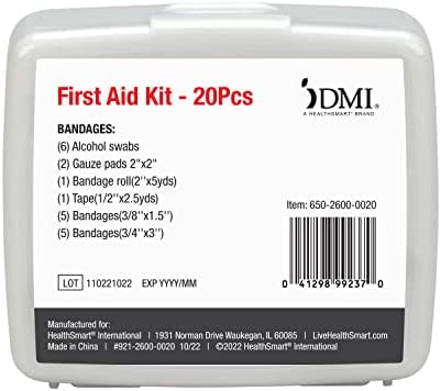 DMI First Aid Kit, Mini 20 Piece Kit, Small and Compact All Purpose Use for Minor Cuts and Scrapes, Durable Water Resistant Case, Convenient and Portable, White, 1 Count