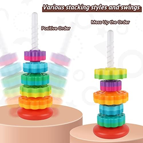 JUXUE Baby Spinning Stacking Toys for Toddlers 1-3, Rainbow Ring Stacker Montessori Toys for Babies for 12 Months, 1 2 3 One Year Old Girl Boy Christmas Birthday Gifts, Autism Sensory Learning Toy
