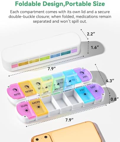 Foldable Weekly Pill Organizer 2 Times a Day - Magnetic Moisture-Proof 7 Day Pill Box AM PM, Portable Travel Medicine Organizer with Removable Lids for Vitamins, Supplements and Fish Oils (Multicolor)