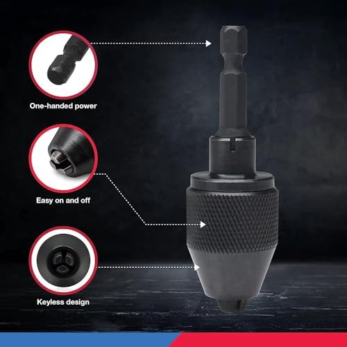 NEIKO 20753A Keyless Drill Chuck for Impact Driver, Chuck Conversion Adapter, 1/4” Hex Shank, Convert Cordless Screwdrivers into Power Drills in Seconds, For Round-Shank Drill Bits, No Keys Needed