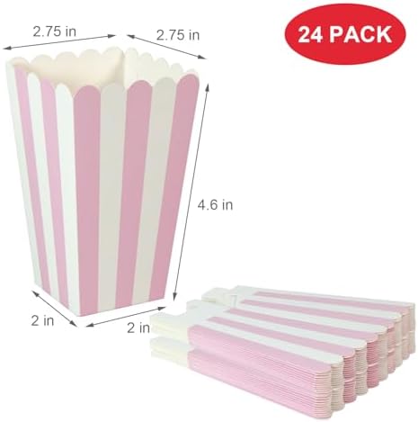 XIEHE 24 Pack Striped Popcorn Boxes - Carnival Parties Mini Paper Popcorn and Candy Containers, Party Supplies for Movie Nights (Pink)
