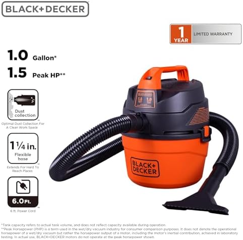 BLACK+DECKER Shop Vacuum Wet and Dry, Small Shop Vac with Accessories, 1 Gallon 1.5 Peak HP, Wall Mount Mini Vacuum for Garage, Home and Pet, 60CFM (BDXV18101P-1H)