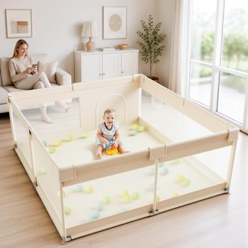 Uanlauo Beige Small Baby Playpen - 47x47in Playpen for Babies and Toddlers