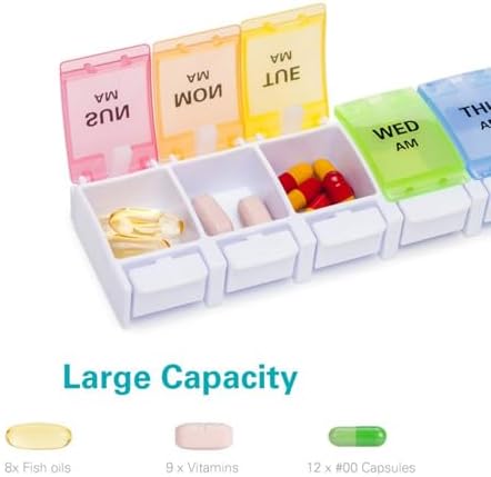Sukuos AM PM Weekly Pill Organizer 2 Times A Day, Large Daily Pill Box Case 7 Day with Easy Push Button Design, Detachable Medicine Holder for Vitamin/Fish Oil/Supplements (Rainbow)