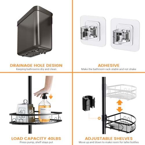 Adjustable Tension Pole Shower Caddy: Rustproof Corner Bathroom Organizer