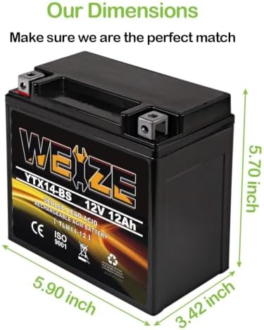 Weize YTX14 BS ATV Battery High Performance - Maintenance Free - Sealed AGM YTX14-BS Motorcycle Battery compatible with Honda Suzuki Kawasaki Yamaha scooter snowmobile