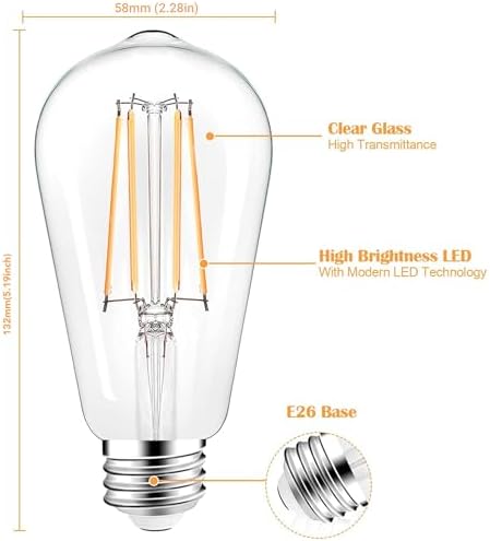 PARTPHONER LED Light Bulbs Dimmable Vintage Edison Bulb, E26 LED Bulb 60W Equivalent 720 Lumens, Warm White 2700K, ST58 Antique LED Filament Bulb CRI 85+, Clear Glass, Pack of 4