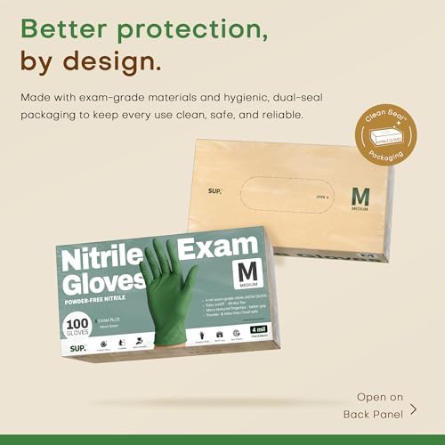 SUP Powder-Free Nitrile Exam Gloves, 100 Count Food Safe Latex-Free Disposable Gloves for Medical Lab Cooking Cleaning, Green