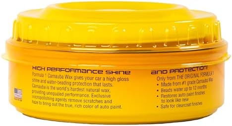 Formula 1 Carnauba Car Wax Paste, High Gloss Shine & Water Beading, 8oz