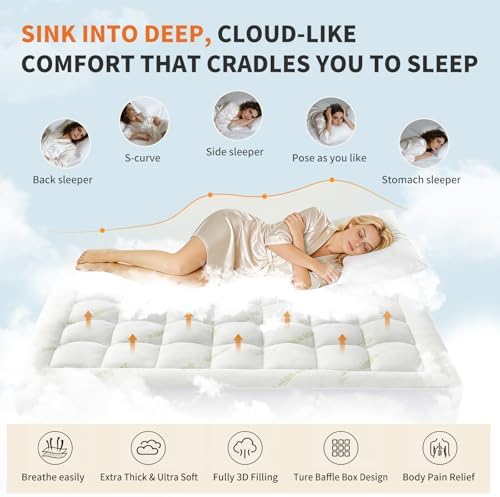 Sweetcrispy Full Size Cooling Bamboo Mattress Topper with Deep Pockets