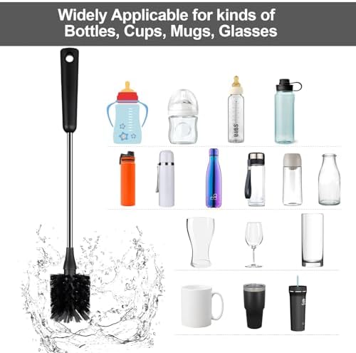Water Bottle Brush, 15 Inches Long Stainless Steel Handle Bottle Brush Cleaner, Bottle Scrubber, Kitchen Scrub Cleaning Brushes for Cup, Wine Glasses, Coffee Mugs, Tumblers, Wine Decanters, Black