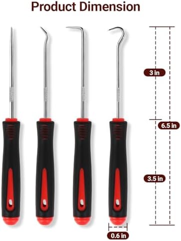 4-Piece Hook and Pick Set, Precision Automotive Pick Tool & O Ring Pick Set with Comfort Grip & Anti-Slip Shaft for Oil Seal, Gasket Removal, and Electronic Repair