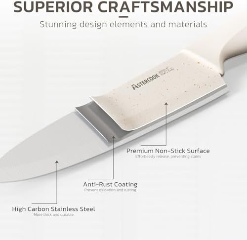 Astercook Knife Set, 15 Pieces Kitchen Knife Set with Sharpener Block, German Stainless Steel Knives with Anti-Rust Coating, Dishwasher Safe, Elegant Cream White Design, Perfect for Holiday Gifts