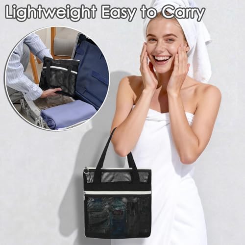GYEUKHAM Mesh Shower Bag with 2 Zipper Pockets & Dual Handles, Quick-Drying Hanging Shower Caddy for College Essentials,Sunscreen,Dorm, Gym, Travel & Camping, Black