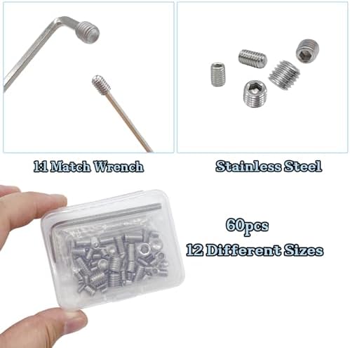 60pcs Set Screws, Allen Head Screws, Grub Screws M3 M4 M5 M6 M8 for Home Repair, Install Door Lock, Repair Furniture, Electronic Product, DIY, Fixtures (Stainless Steel 12 Sizes)