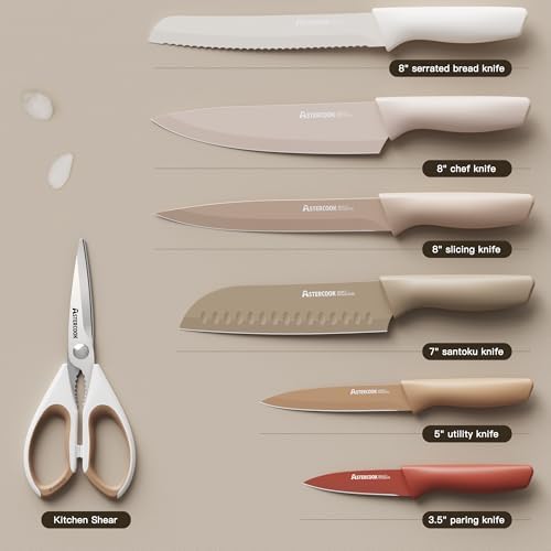 Astercook Knife Set, 13 Pieces Kitchen Knives Set with Healthy Anti-Rust Coating, Dishwasher Safe, Stainless Steel Chef Knife Sets with 6 Blade Guards, Perfect Holiday Gifts for Kitchen