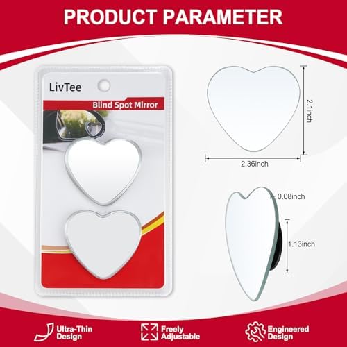LivTee Blind Spot Mirrors, Heart Shaped HD Glass Frameless Convex Rear View Mirrors, Wide Angle Adjustable Stick for Side Mirror, Automotive Exterior Accessories for Car, SUV & Trucks, Pack of 2