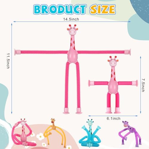 XONTEUS 4 Pcs Pop Tubes Giraffe Travel Airplane Road Trip Car Activities Essential,Telescopic Suction Cup Sensory Toys,Screen-Free Activity for Toddler,Stocking Stuffers for Kids