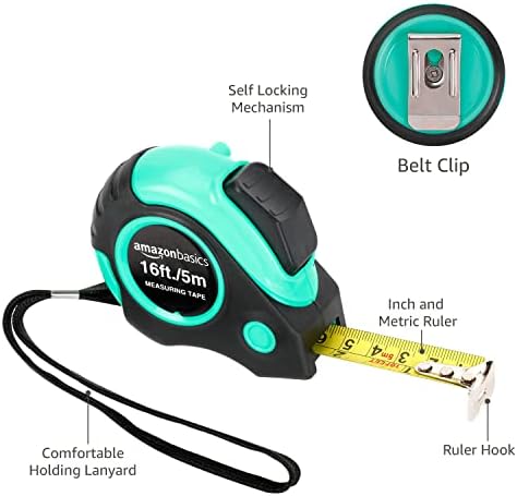Amazon Basics Retractable Tape Measure with Metric and SAE Measurements, 16 ft / 192 in, Turquoise