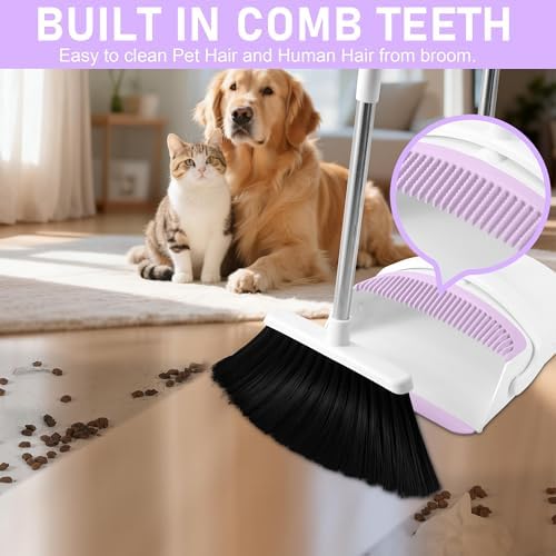 Broom with Dustpan Combo Set for Home, 52-in Long Adjustable Handle Angle Broom and Dustpan Set with Dustpan Comb Teeth for Sweeping Pet Hair Food Dirt Kitchen (White-Purple)