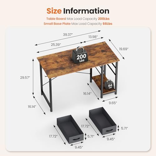 Sweetcrispy 40-Inch Computer Desk with Drawers, Office Desk, Brown