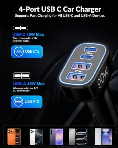 USB C Car Charger, 4-Port 90W Type C Super Fast Cigarette Lighter Adapter