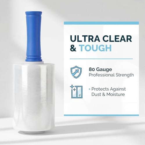 4 Pack Stretch Wrap for Moving, 5 Inch x 1000ft 80 Gauge, Heavy Duty Clear Plastic Wrap with Handles, Packing, Shipping, Pallet & Furniture Protection