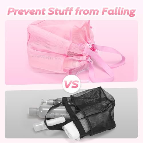 famichan Mesh Shower Caddy Portable with Drawstring, Dorm Room Essentials for College Students Girls, Large Shower Bag for Camping,Swimming,Gym,Travel,Bathroom - Pink