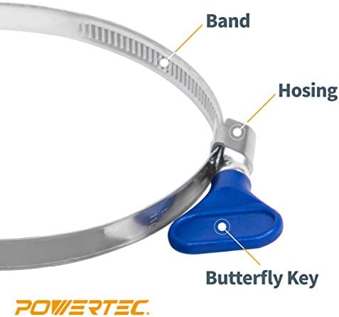 POWERTEC 70260 4 Inch Key Hose Clamp, Thumb Screw Key Adjustable Stainless Steel Hose Clamps for Dust Collection, Dust Collector and Dryer Vent Hose, Pipe Clamp, RV Clamp, Worm Gear Clamp, 10 pack
