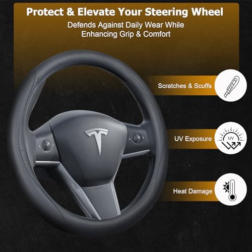 Ouzorp Nappa Leather Steering Wheel Cover for Tesla Model 3 2016-2025 Highland and Model Y 2020-2026 Juniper with Anti-Slip & Breathable Surface-Black