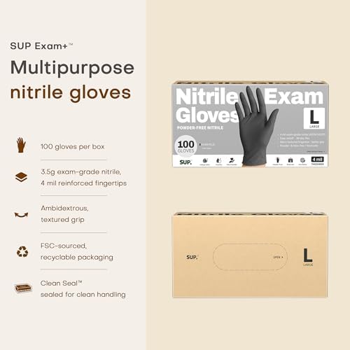 SUP Powder-Free Nitrile Exam Gloves, 100 Count, Food Safe Latex-Free Medical Non-Sterile Cooking Disposable Glove, Black