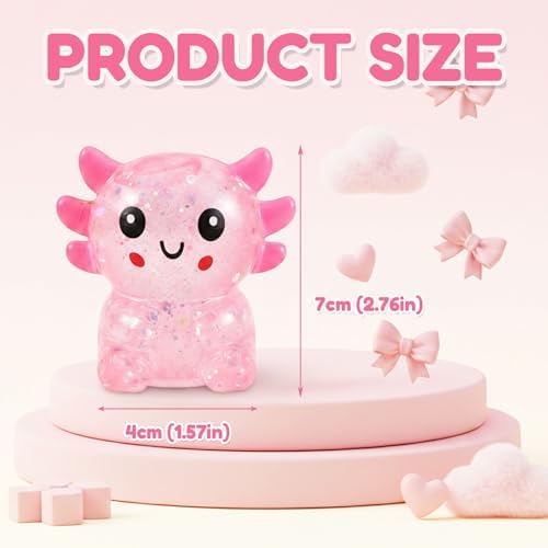 Glitter Axolotls Squishies Toy, Stretchy Axolotls Stress Ball, Fidget Toy for Anxiety Relief and Sensory Play, Pocket Size Squeeze Toys Gift for Kids Teens Adults.(Pink)