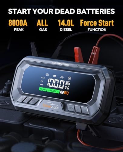YaberAuto 12-in-1 Jump Starter with Air Compressor 8000A 160PSI 65W Charge
