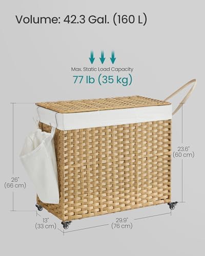 SONGMICS Rolling Laundry Hamper with Lid, 160 L 3-Section Synthetic Rattan