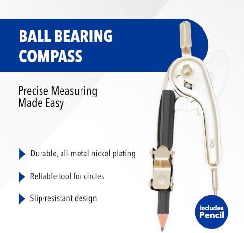 Westcott Nickel-Plated Ball Bearing Compass with Pencil, Professional Style, Back-to-School Supplies, Draws Circles up to 13 Inches in Diameter