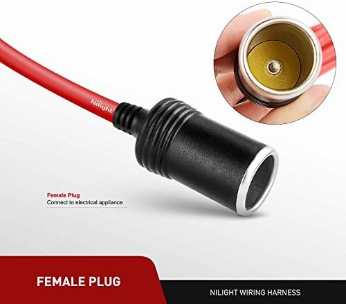 Nilight 10003W 14 Ft Male-to-Female Extension Cord Cable Heavy Duty 12V/24V Car Charger with Cigarette Lighter Socket,2 Years Warranty, red