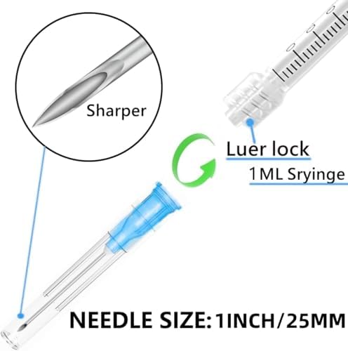 Luer lock 1ml Syringe with 23G 1inch/25mm Lab Supplies for Scientific Research, Industrial Dispensing or Liquid Measuring, 50Pack
