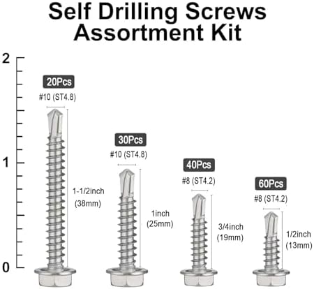 VGBUY 150Pcs Self Drilling Screws Assortment Kit, 410 Stainless Steel Self Tapping Sheet Metal Screws, #8 1/2" 3/4" #10 1" 1-1/2", Hex Washer Head