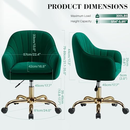 Vanity Chair with Wheels, Comfy Home Office Desk Chairs Adjustable Modern Velvet Makeup Vanity Chairs for Bedroom Living Room-Green