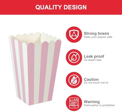 XIEHE 24 Pack Striped Popcorn Boxes - Carnival Parties Mini Paper Popcorn and Candy Containers, Party Supplies for Movie Nights (Pink)