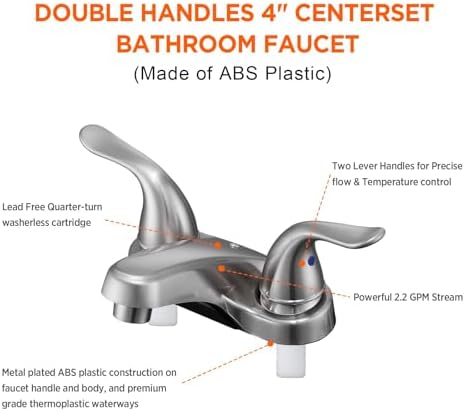 Bathroom Sink Faucets 2/3 Hole,Brushed Nickel Dual Handles 4 inch Plastic Plating Over Bathroom Faucet with Pop-up Drain and 2 Supply Hoses for Apartment Rvs Sink Vanity